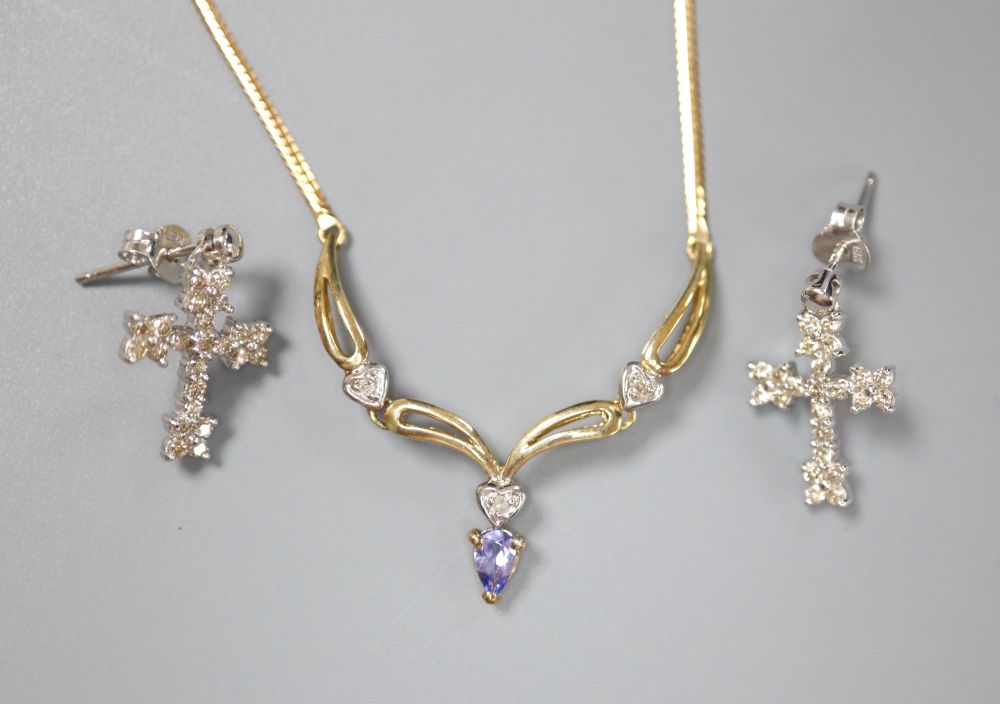 A pair of 18K white gold and diamond cross stud earrings and a 9ct gold and gem-set pendant necklace